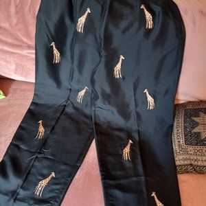 Black Silk Pants with Gold Giraffe detail